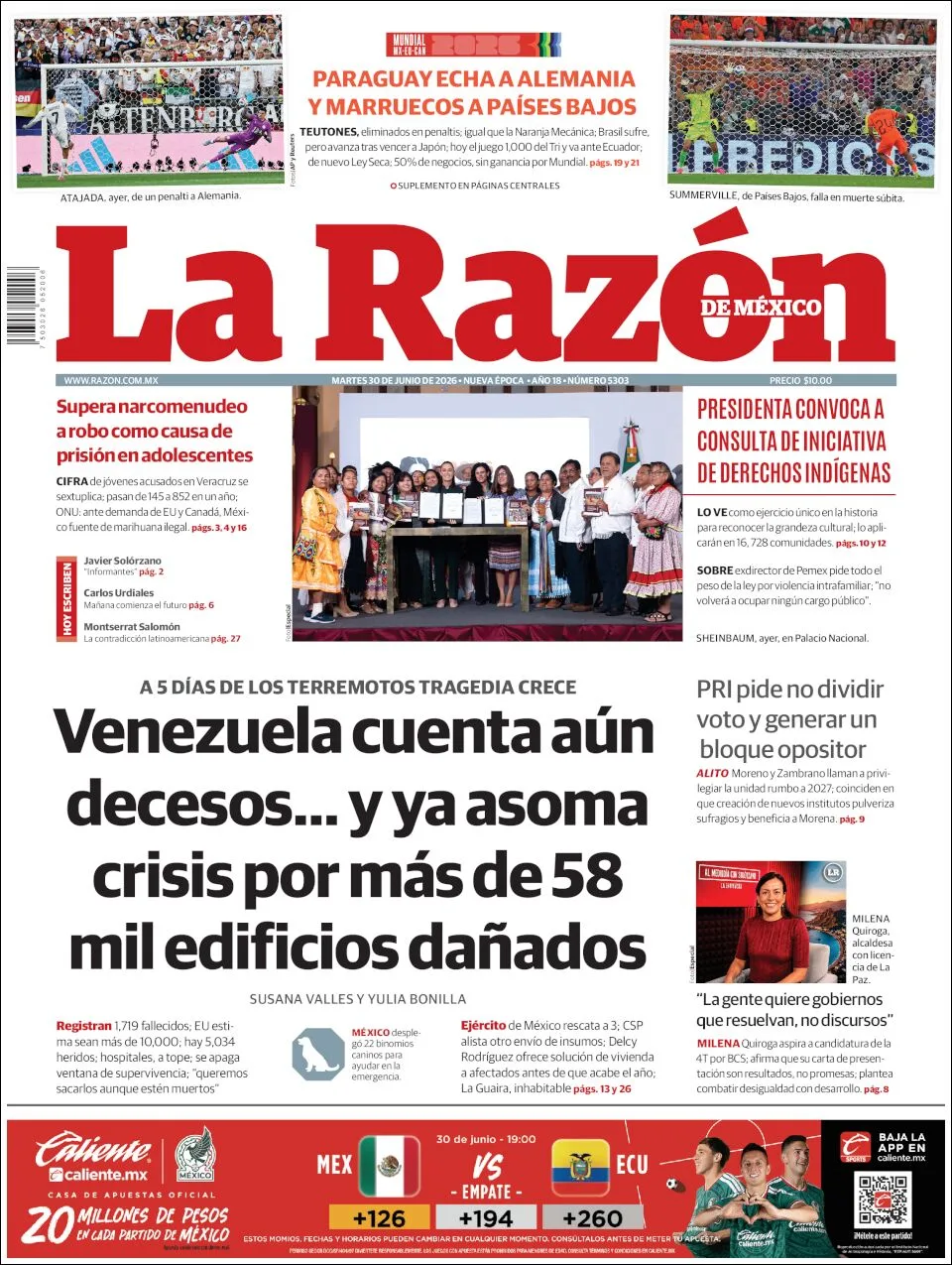 Portada de La Razon del martes, 30 de junio de 2026