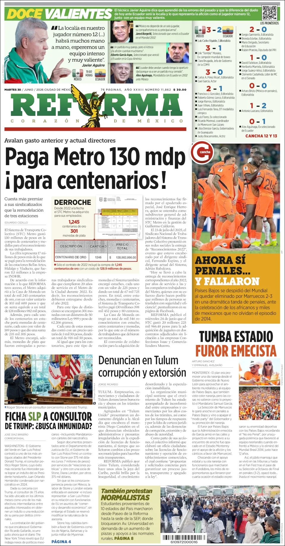 Portada de Reforma del martes, 30 de junio de 2026