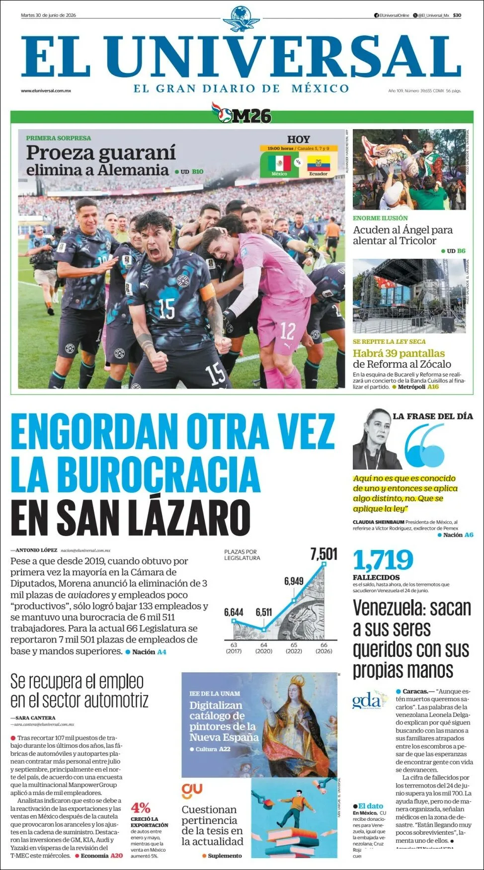 Portada de El Universal del martes, 30 de junio de 2026