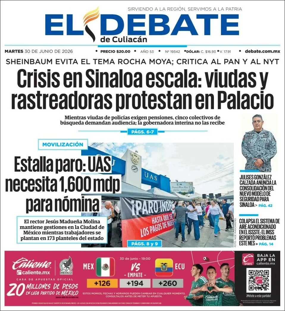 Portada de El Debate de Culiacan del martes, 30 de junio de 2026