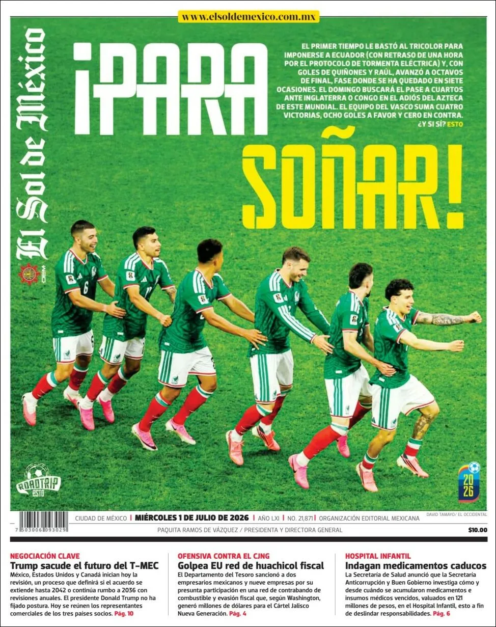 Portada de El Sol de Mexico del miércoles, 1 de julio de 2026