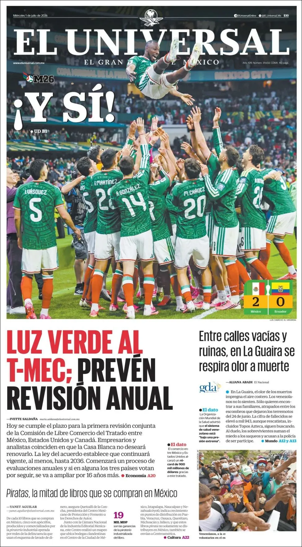 Portada de El Universal del miércoles, 1 de julio de 2026