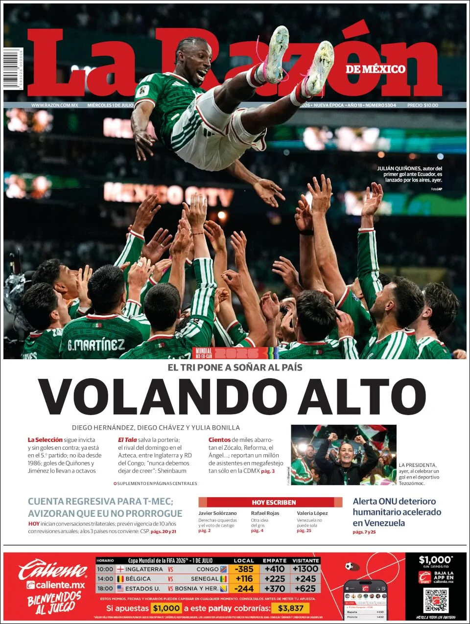 Portada de La Razon del miércoles, 1 de julio de 2026