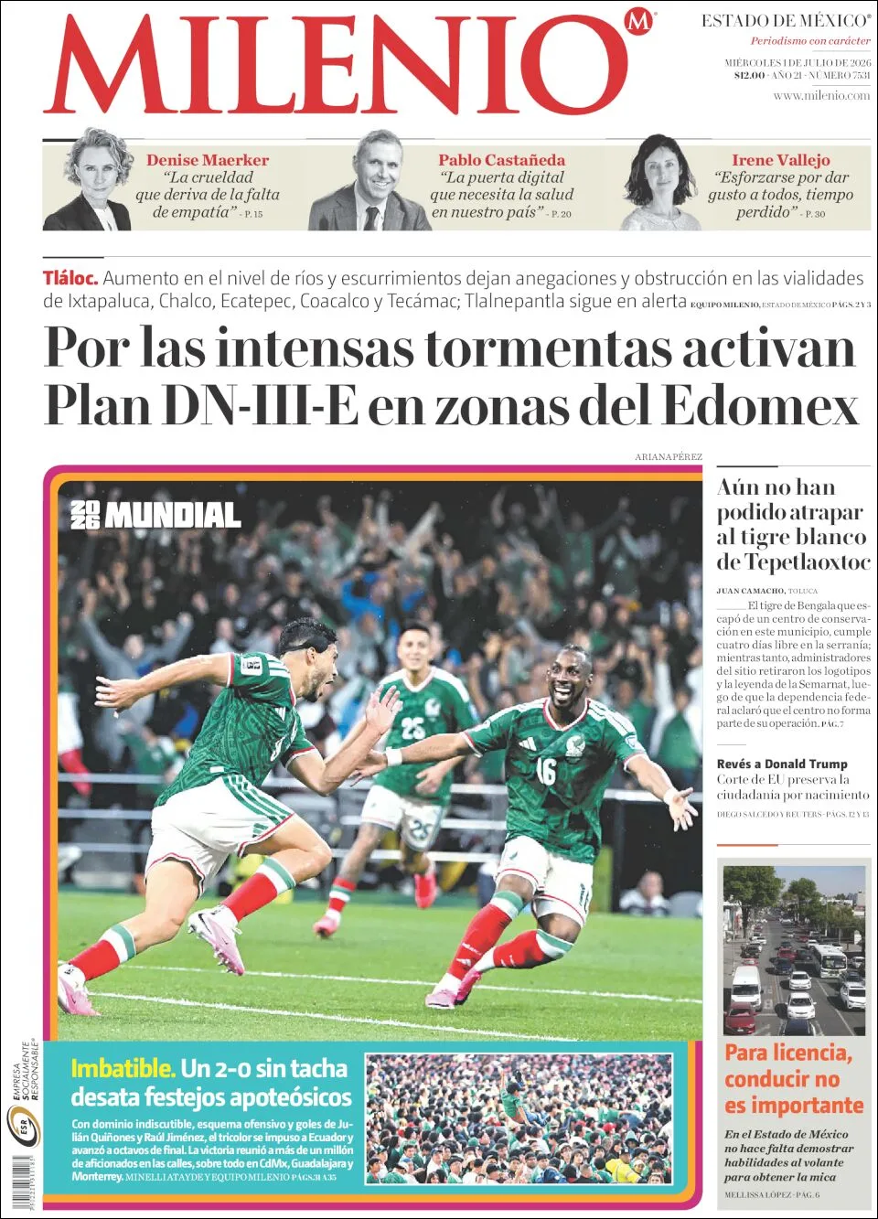 Portada de Milenio Edo de Mexico del miércoles, 1 de julio de 2026