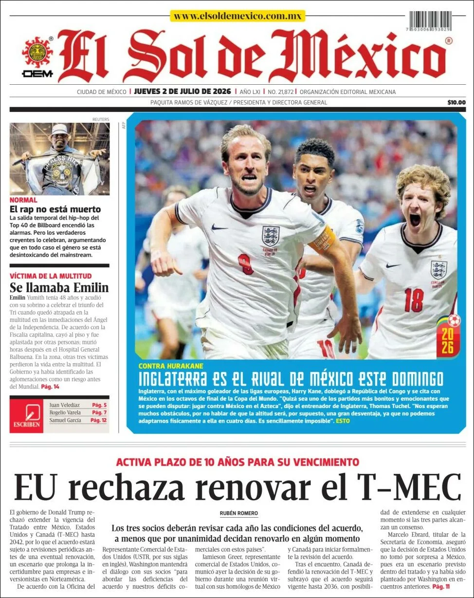 Portada de El Sol de Mexico del jueves, 2 de julio de 2026