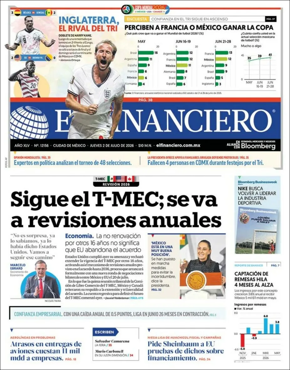 Portada de El Financiero del jueves, 2 de julio de 2026