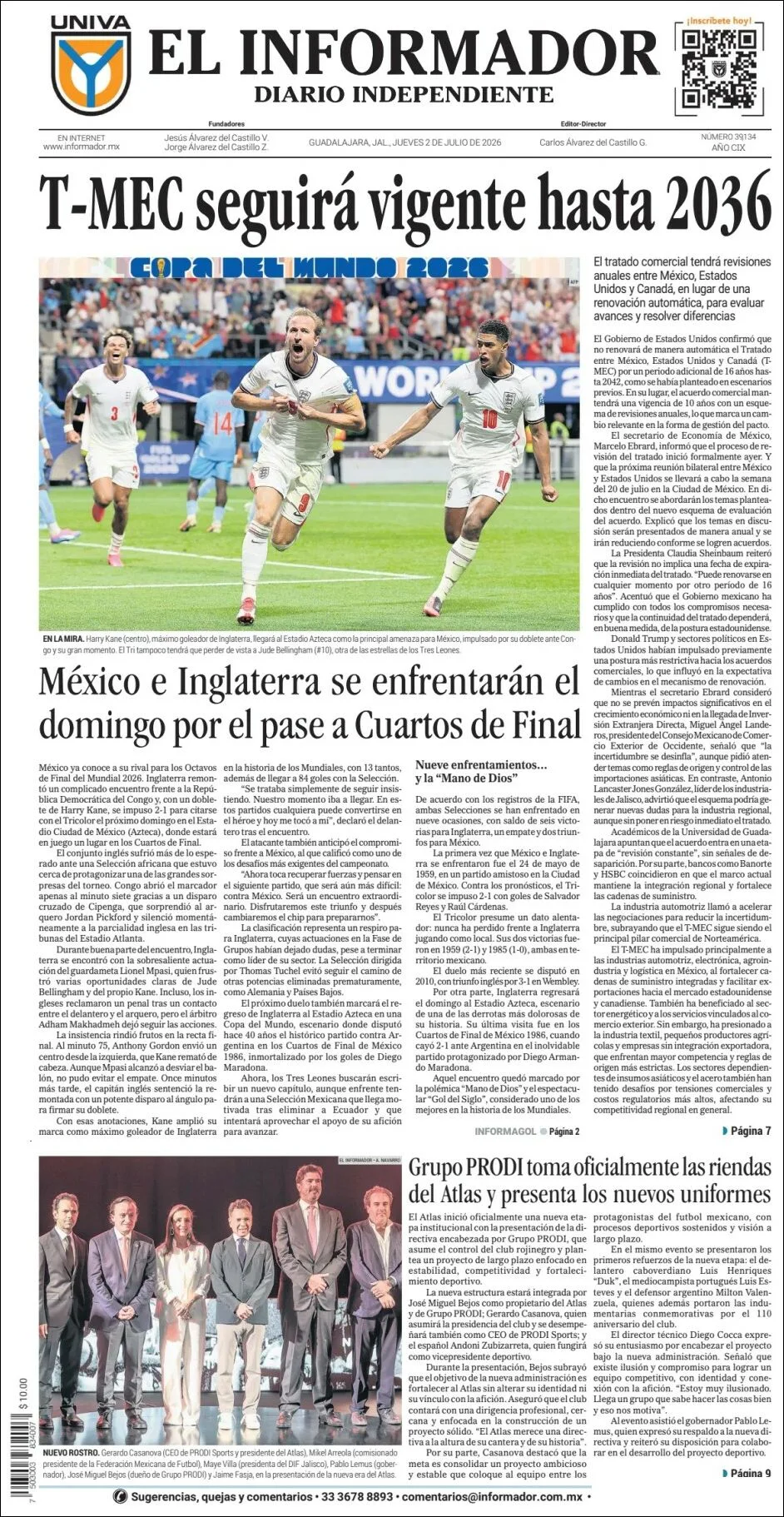Portada de El Informador del jueves, 2 de julio de 2026