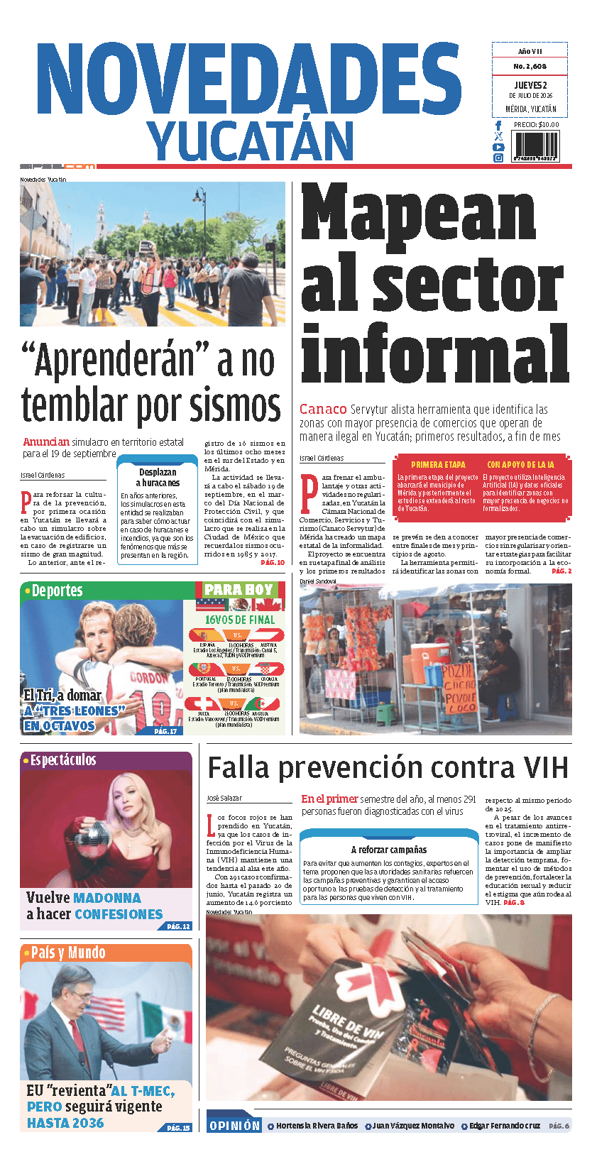 Portada de Novedades Yucatan del jueves, 2 de julio de 2026