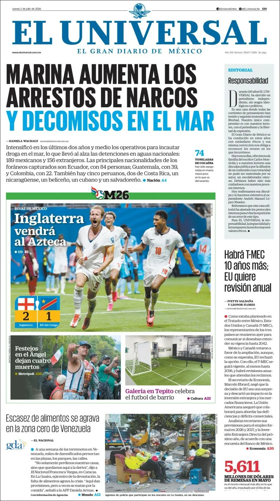 Portada de El Universal del jueves, 2 de julio de 2026