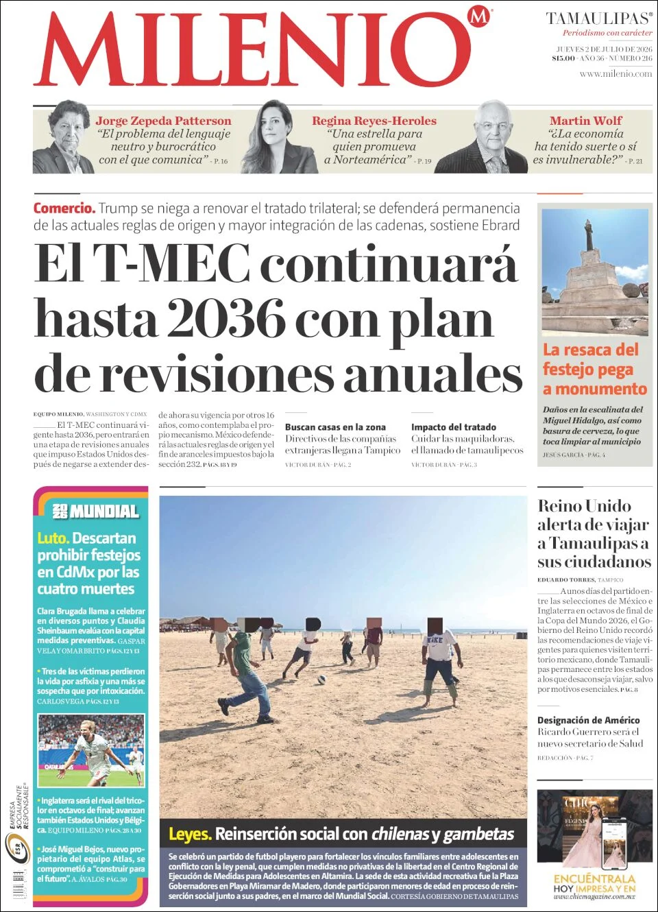 Portada de Milenio Tamaulipas del jueves, 2 de julio de 2026
