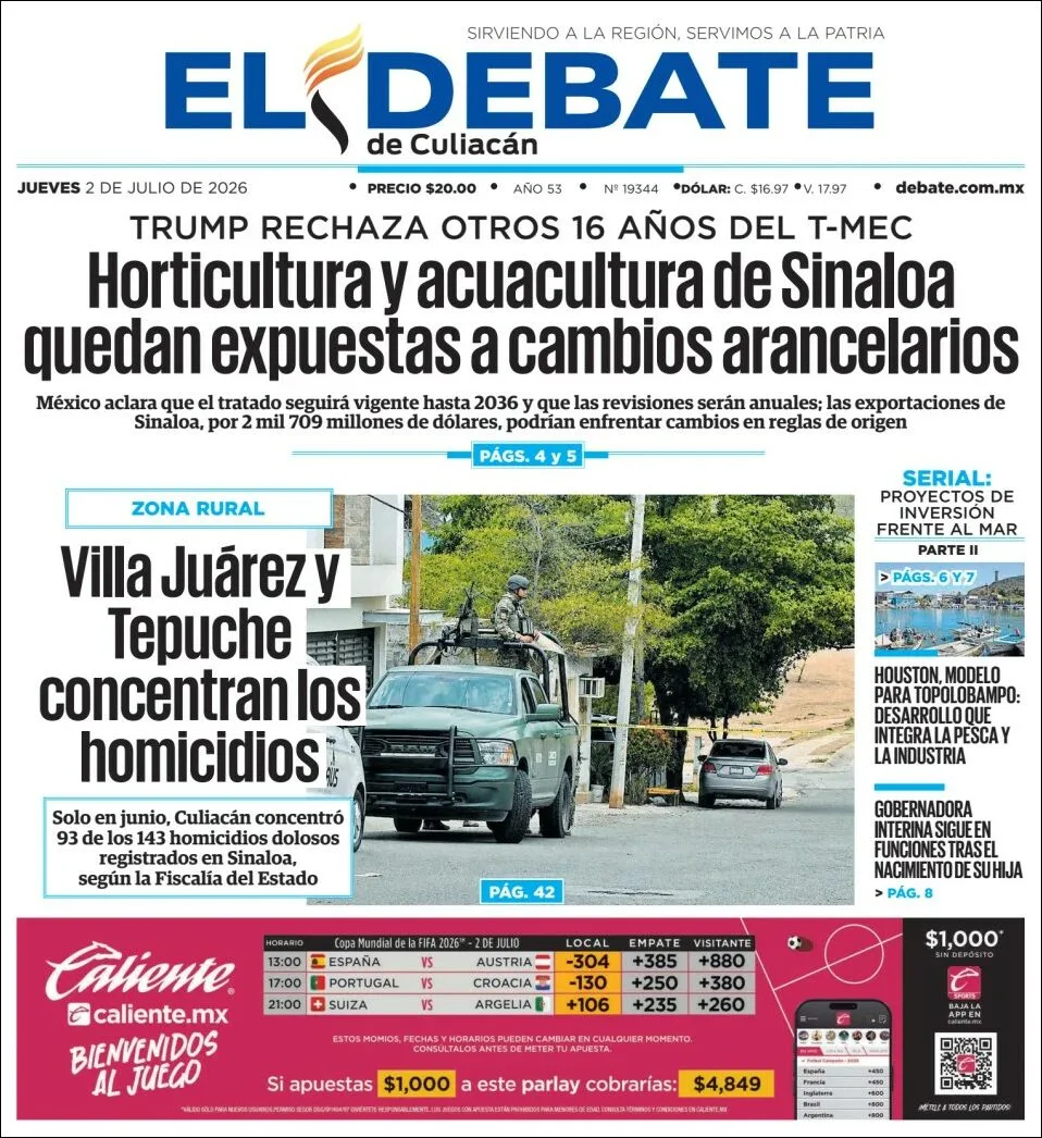 Portada de El Debate de Culiacan del jueves, 2 de julio de 2026