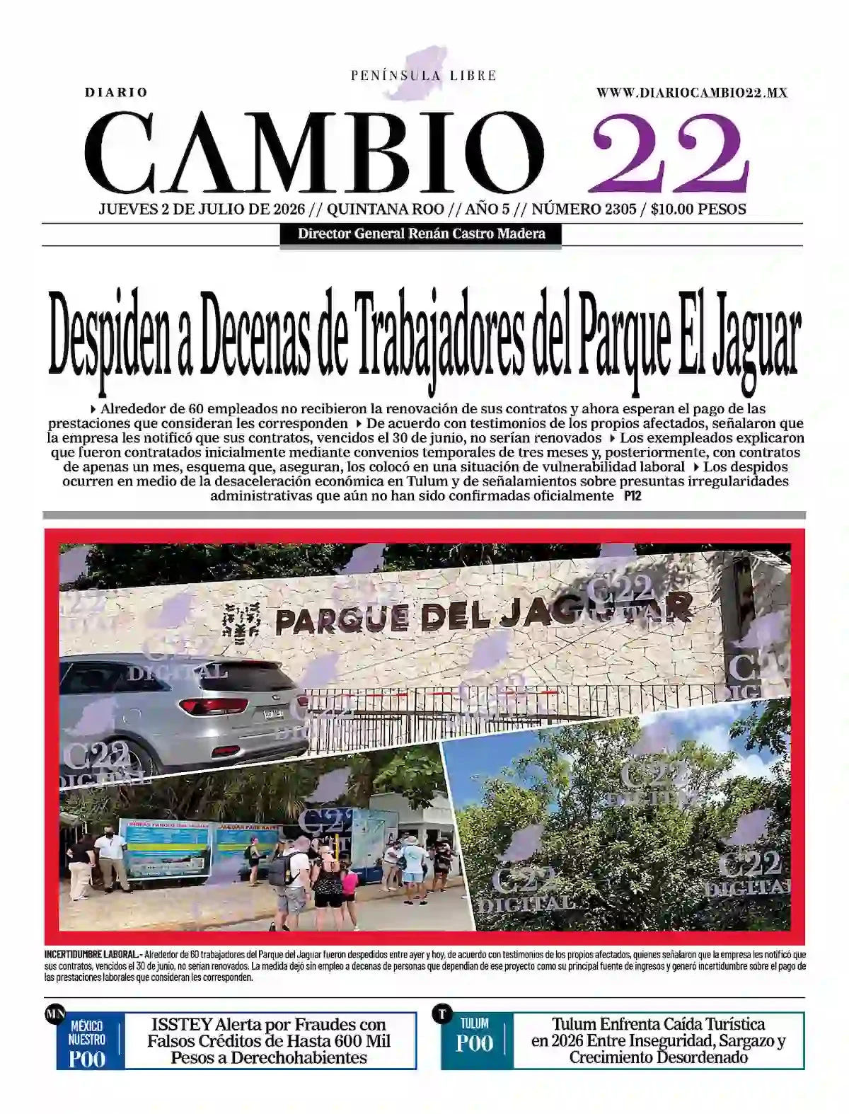 Portada de Diario Cambio 22 (contraportada) del jueves, 2 de julio de 2026