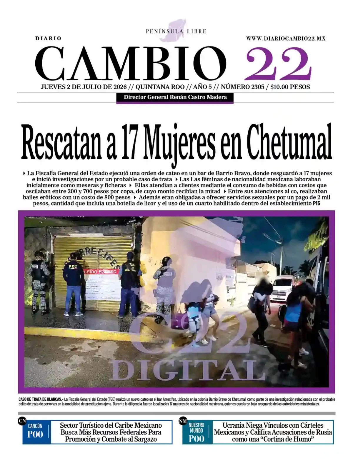 Portada de Diario Cambio 22 (portada) del jueves, 2 de julio de 2026