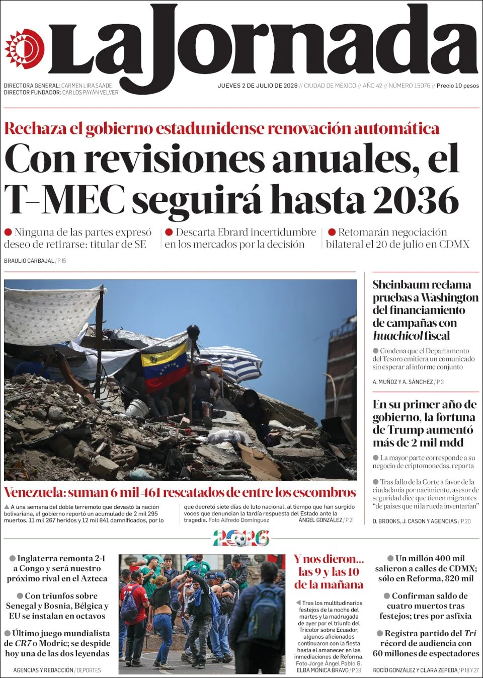 Portada de La Jornada del jueves, 2 de julio de 2026