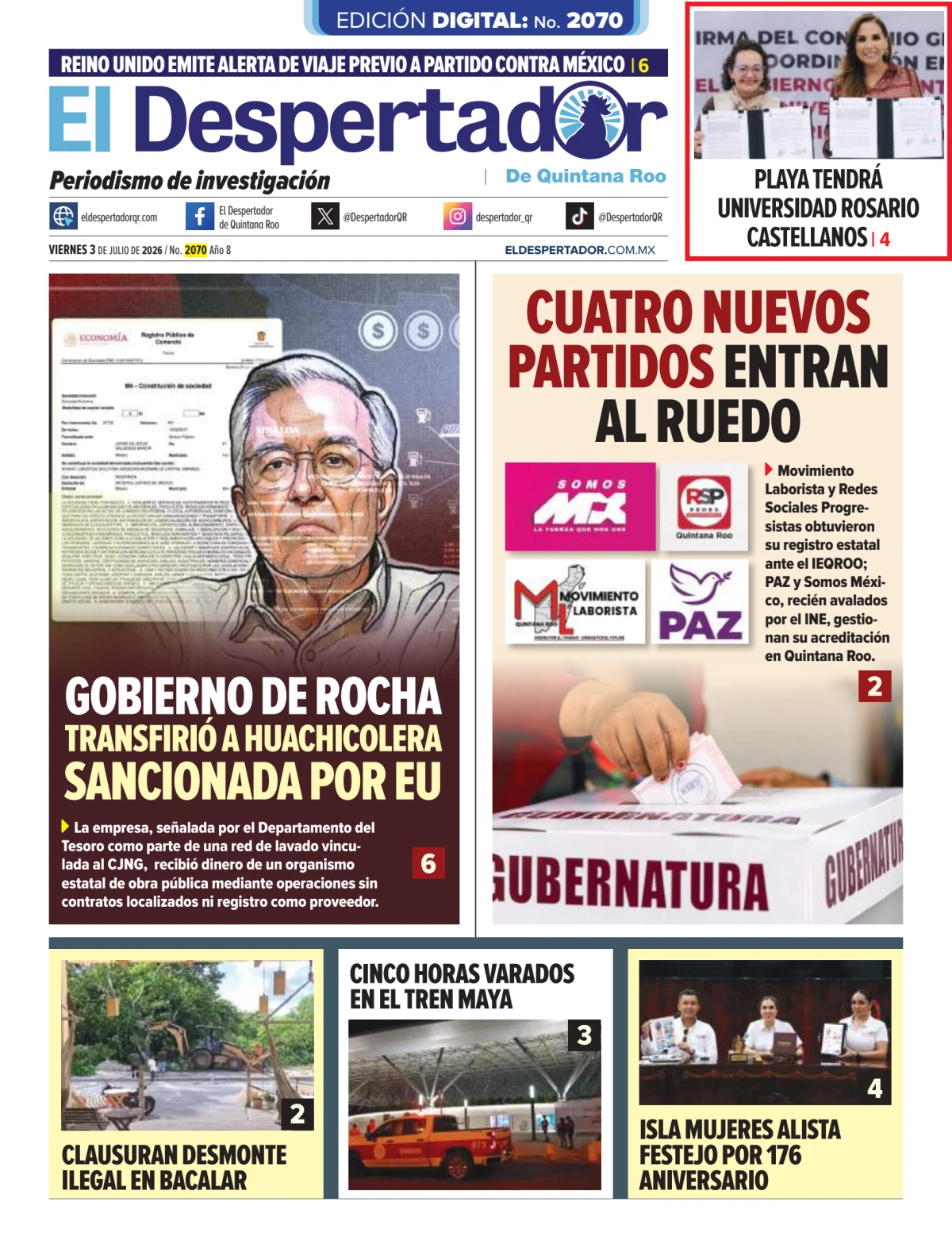 Portada de El Despertador de Quintana Roo del viernes, 3 de julio de 2026