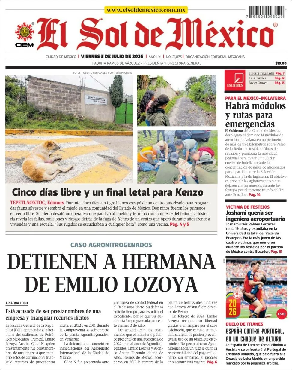 Portada de El Sol de Mexico del viernes, 3 de julio de 2026