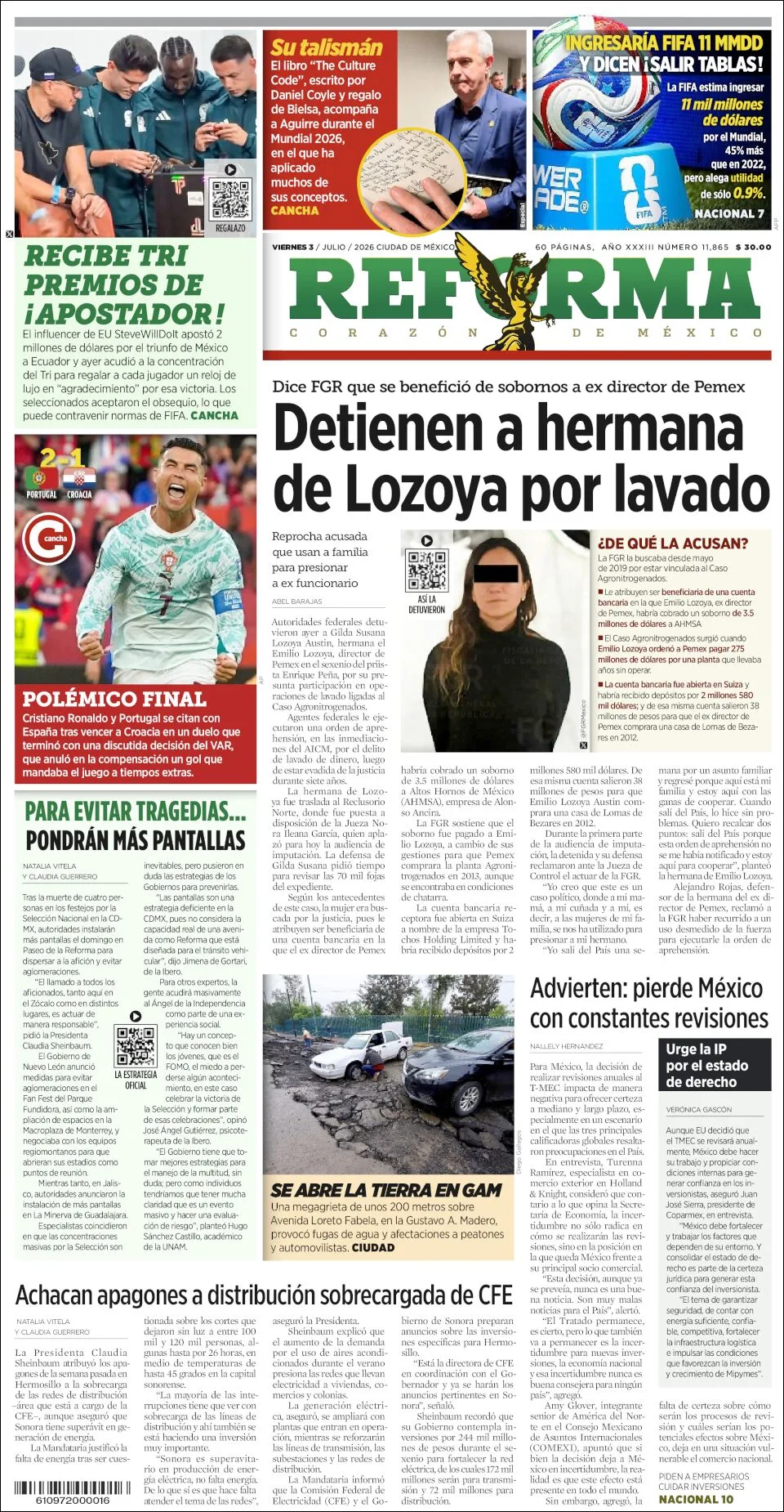 Portada de Reforma del viernes, 3 de julio de 2026