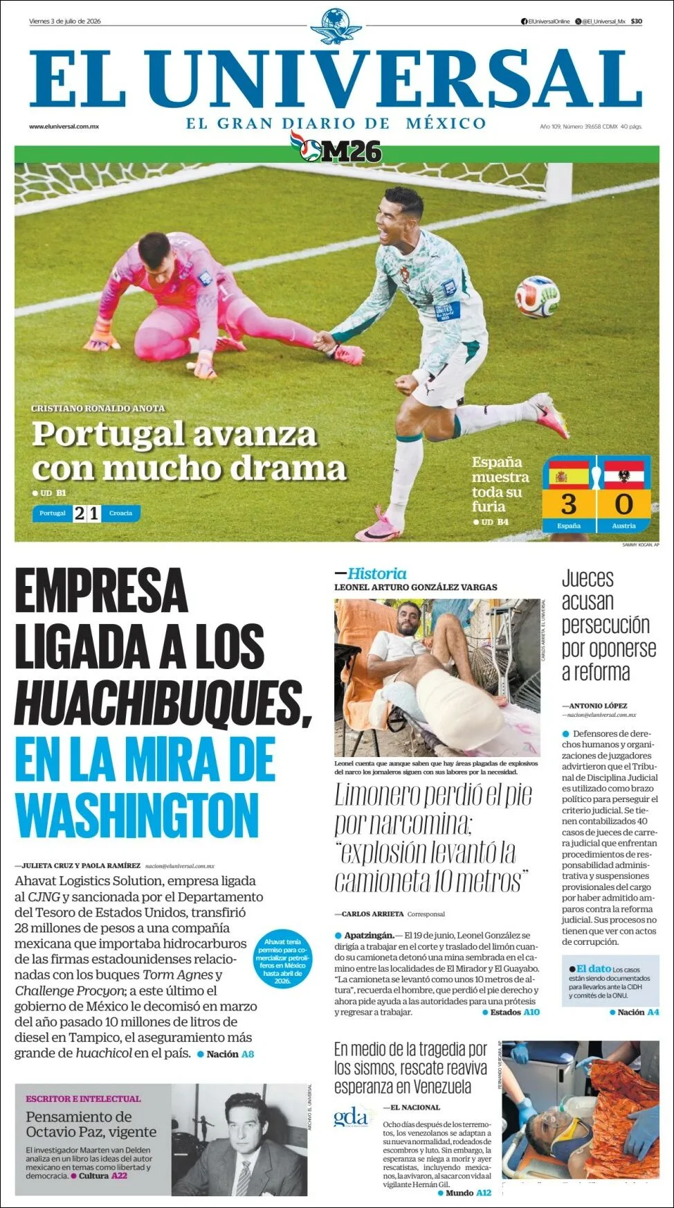 Portada de El Universal del viernes, 3 de julio de 2026