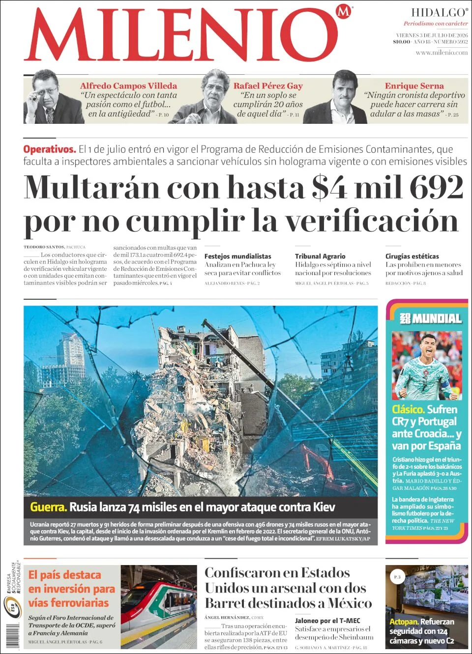 Portada de Milenio Hidalgo del viernes, 3 de julio de 2026