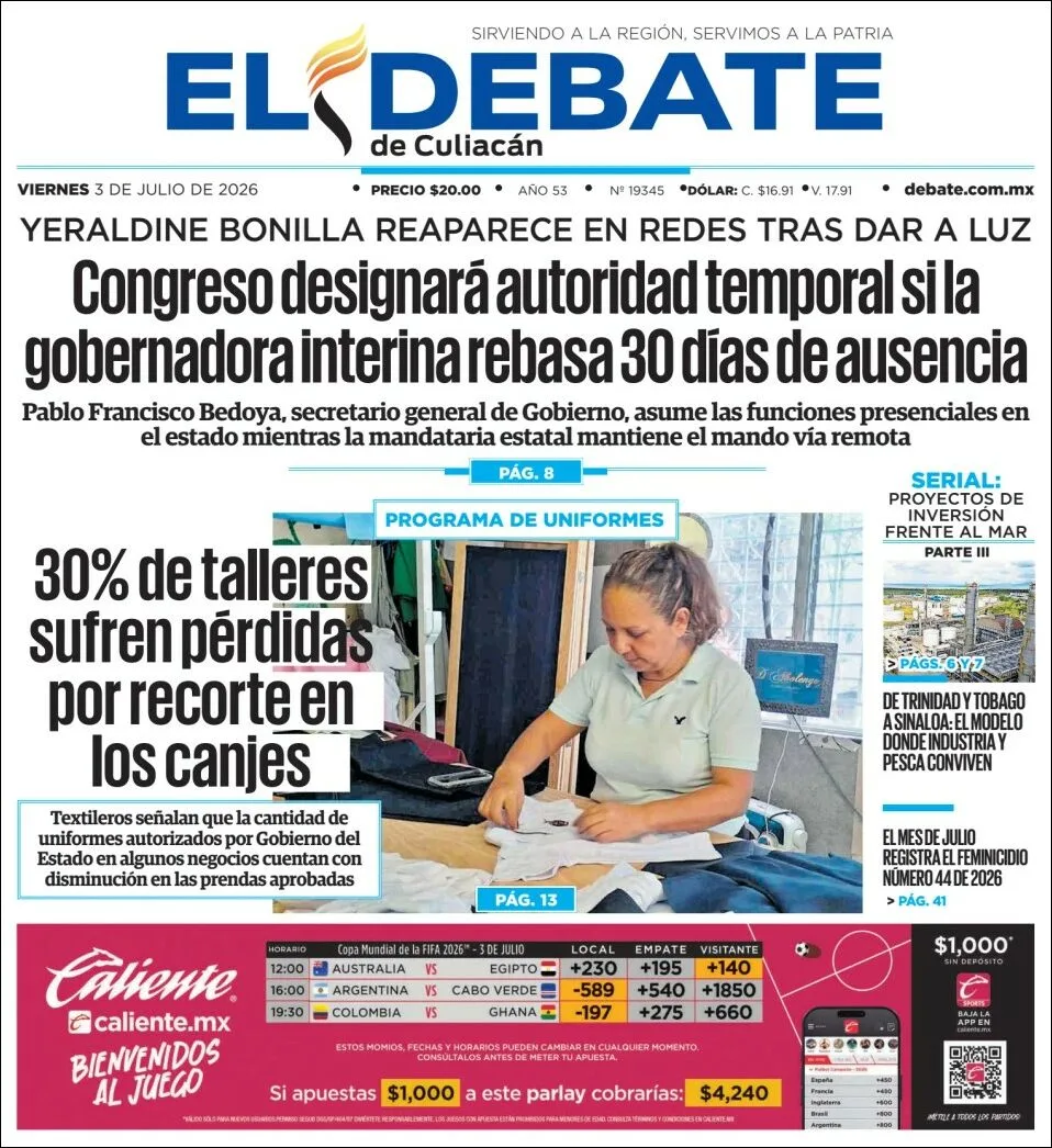Portada de El Debate de Culiacan del viernes, 3 de julio de 2026