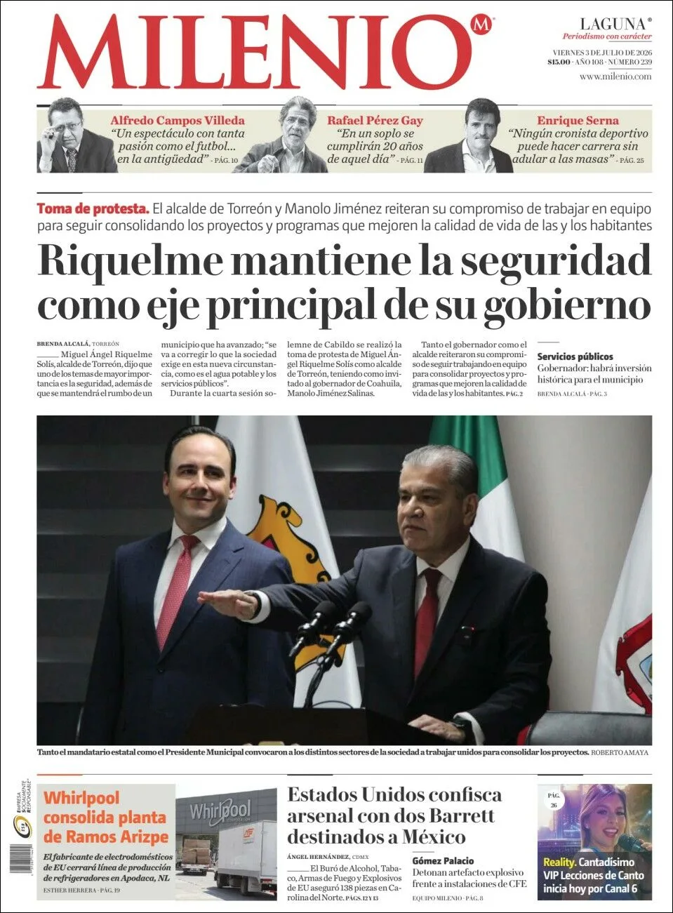 Portada de Milenio Laguna del viernes, 3 de julio de 2026