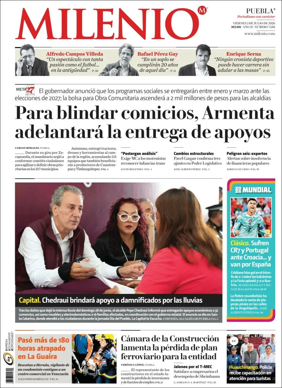 Portada de Milenio Puebla del viernes, 3 de julio de 2026