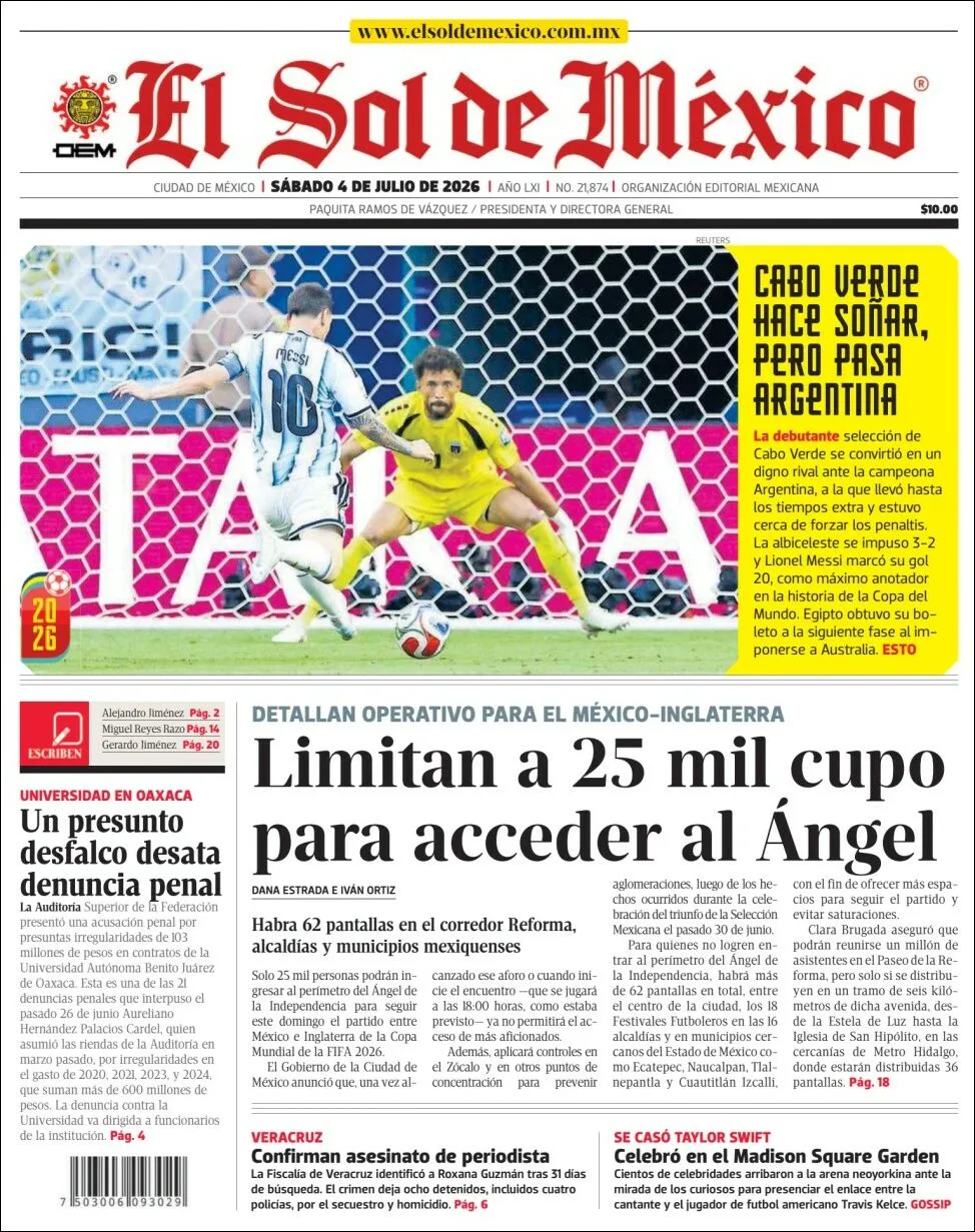 Portada de El Sol de Mexico del sábado, 4 de julio de 2026