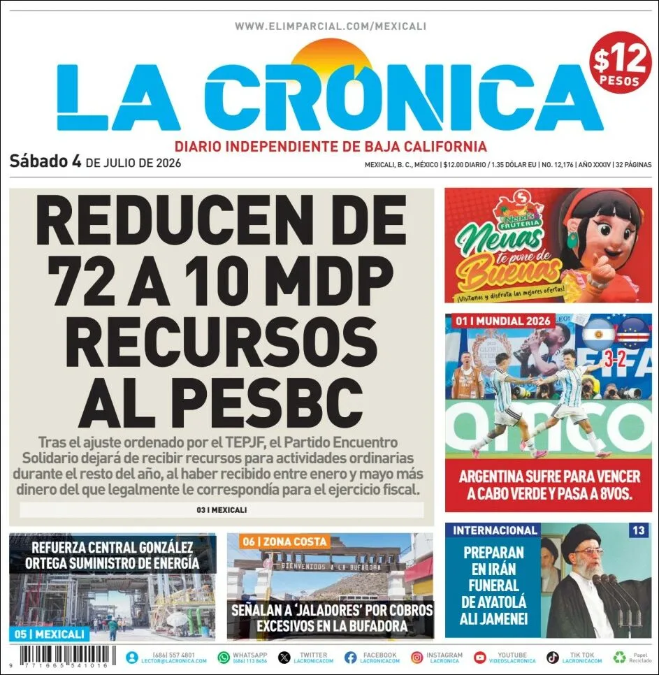 Portada de La Cronica del sábado, 4 de julio de 2026