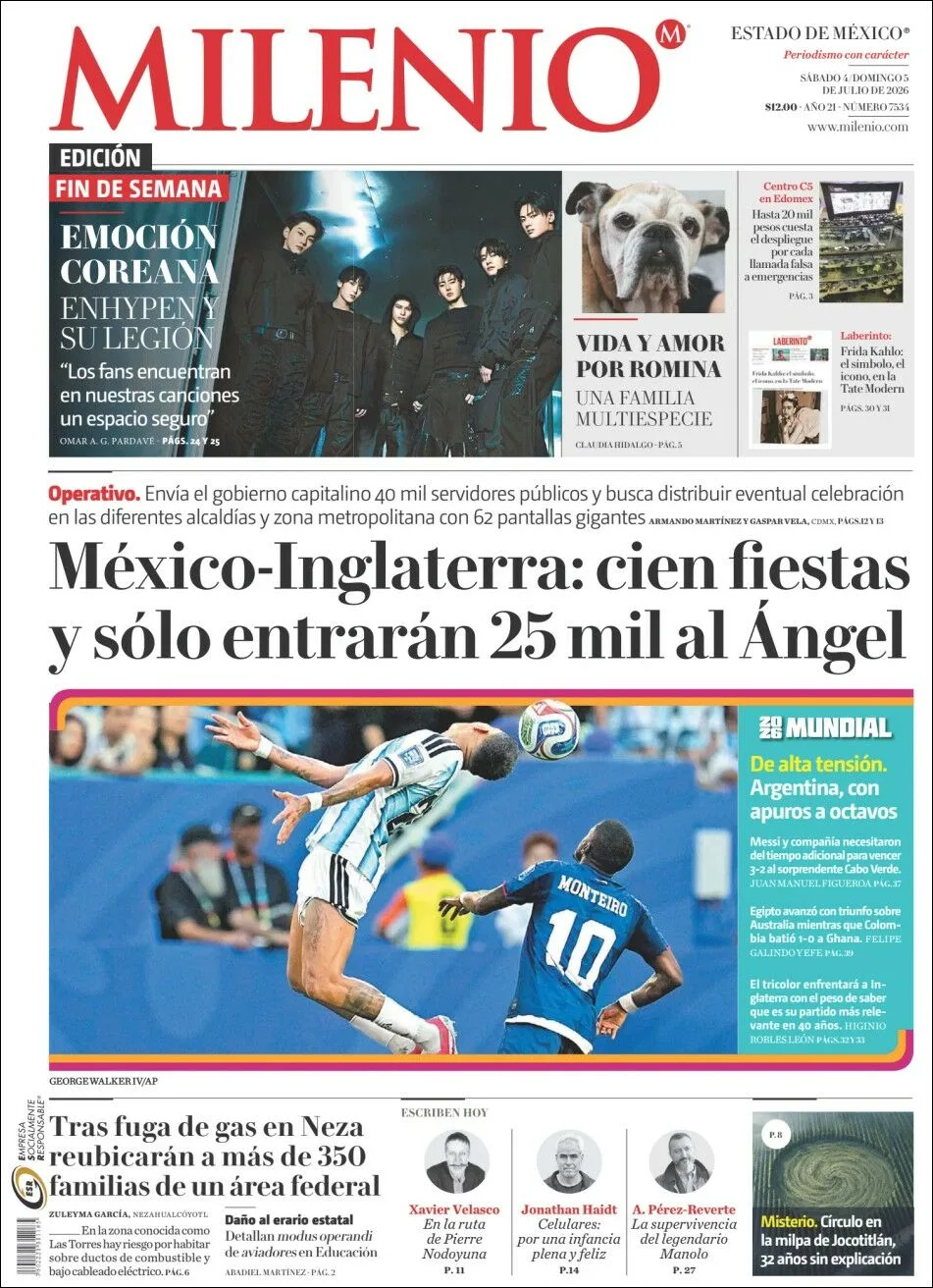 Portada de Milenio Edo de Mexico del sábado, 4 de julio de 2026