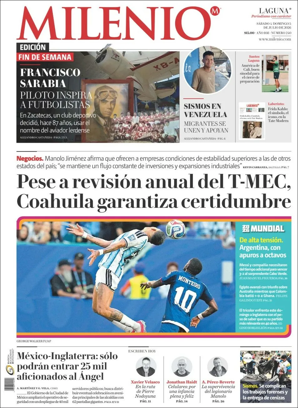 Portada de Milenio Laguna del sábado, 4 de julio de 2026