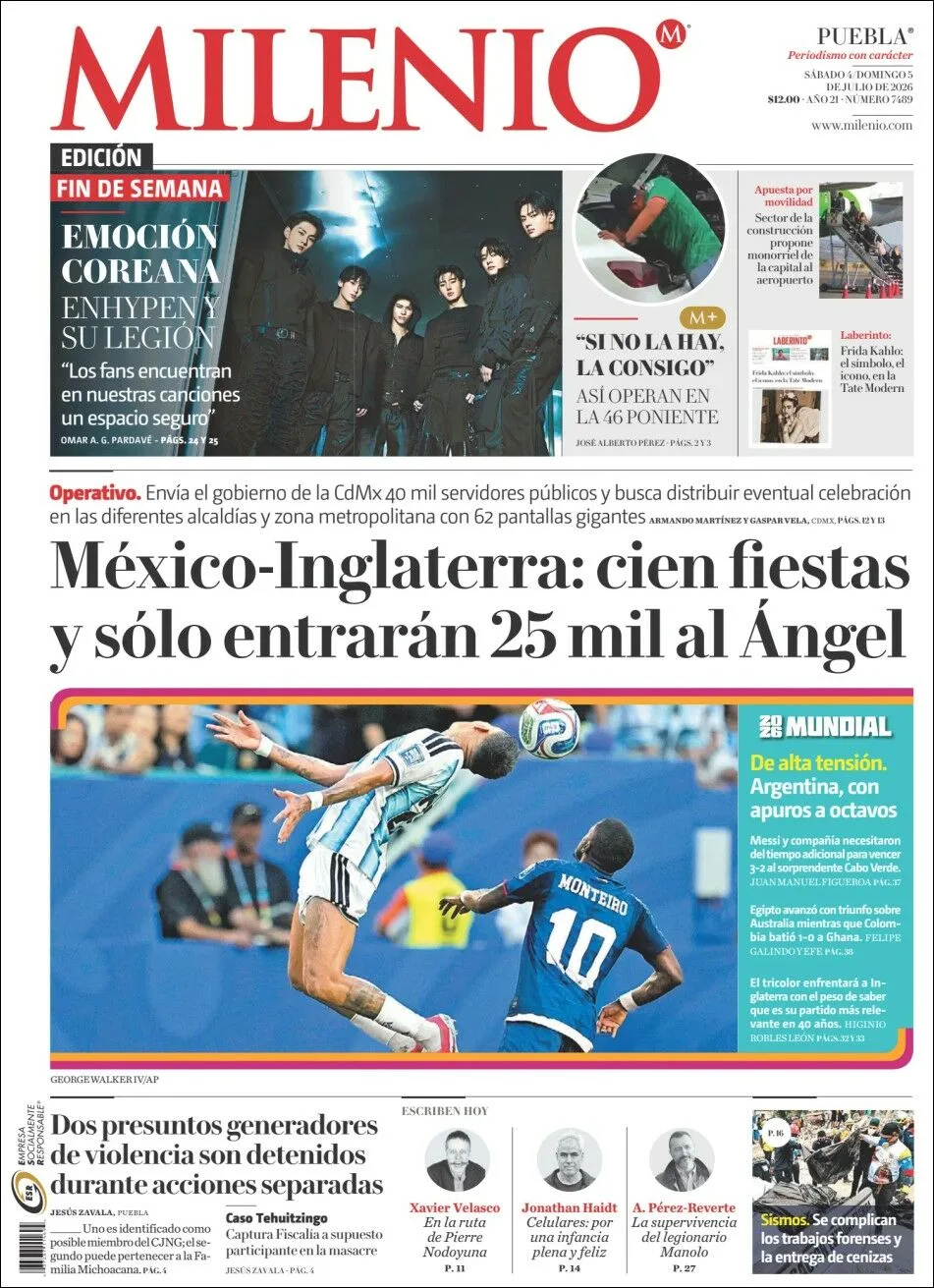 Portada de Milenio Puebla del sábado, 4 de julio de 2026