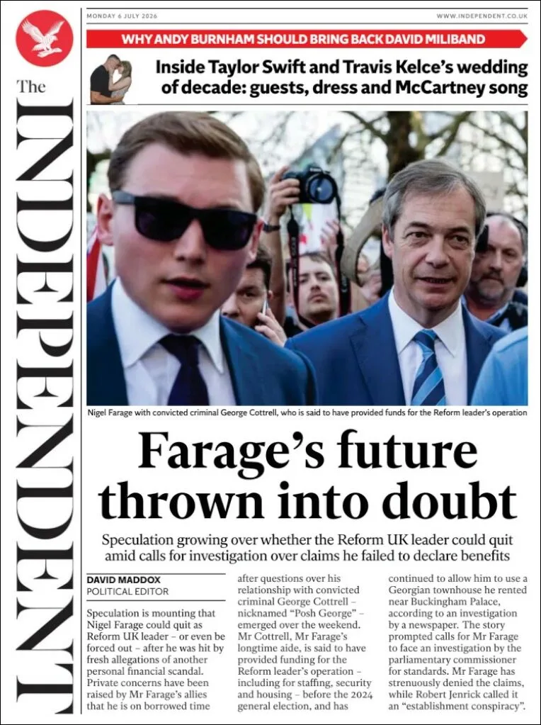 Portada de The Independent del lunes, 6 de julio de 2026