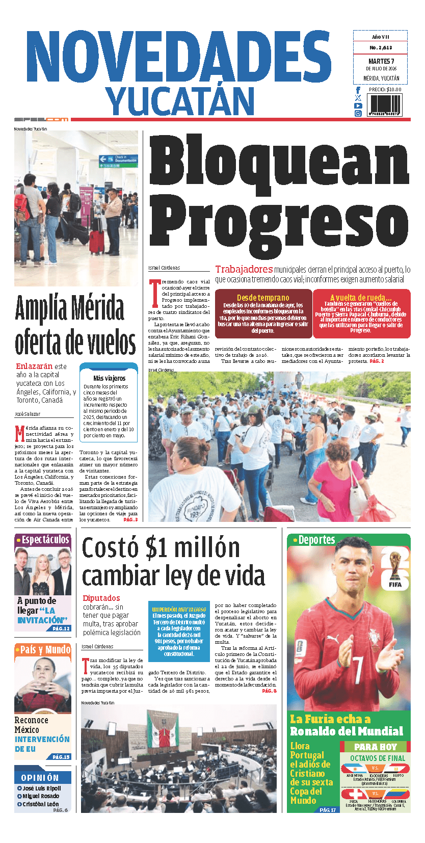 Portada de Novedades Yucatan del martes, 7 de julio de 2026