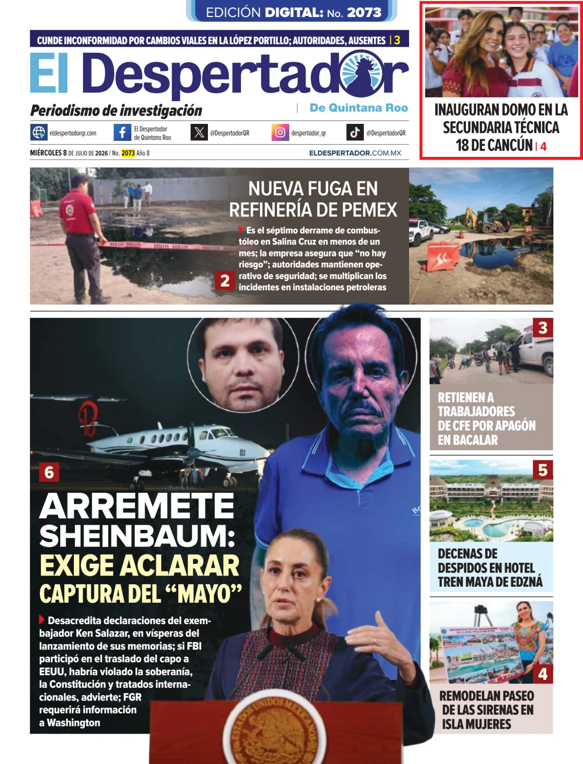 Portada de El Despertador de Quintana Roo del miércoles, 8 de julio de 2026