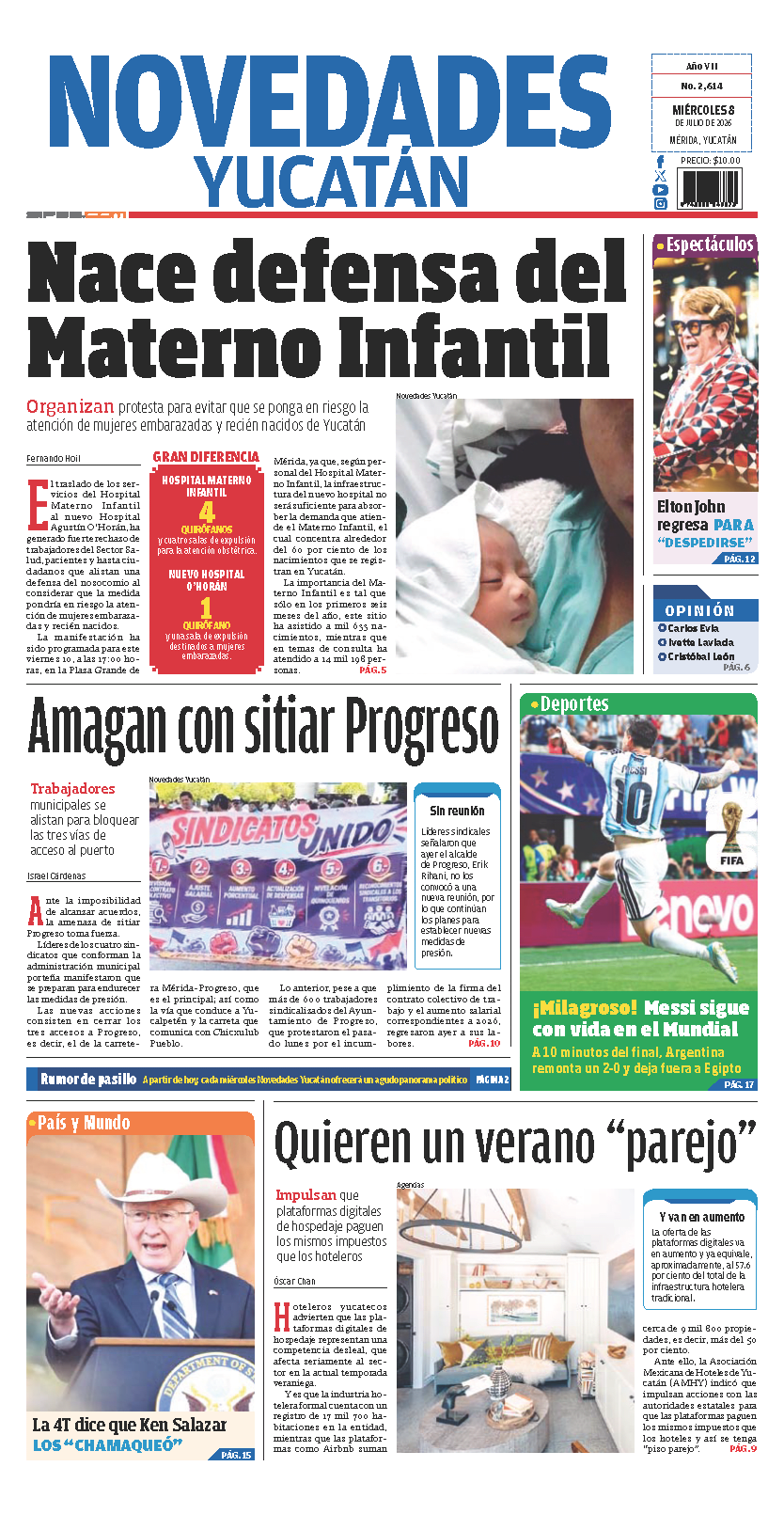 Portada de Novedades Yucatan del miércoles, 8 de julio de 2026