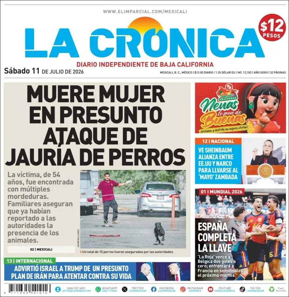 Portada de La Cronica del sábado, 11 de julio de 2026