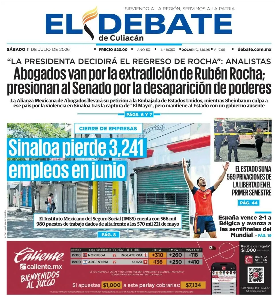 Portada de El Debate de Culiacan del sábado, 11 de julio de 2026