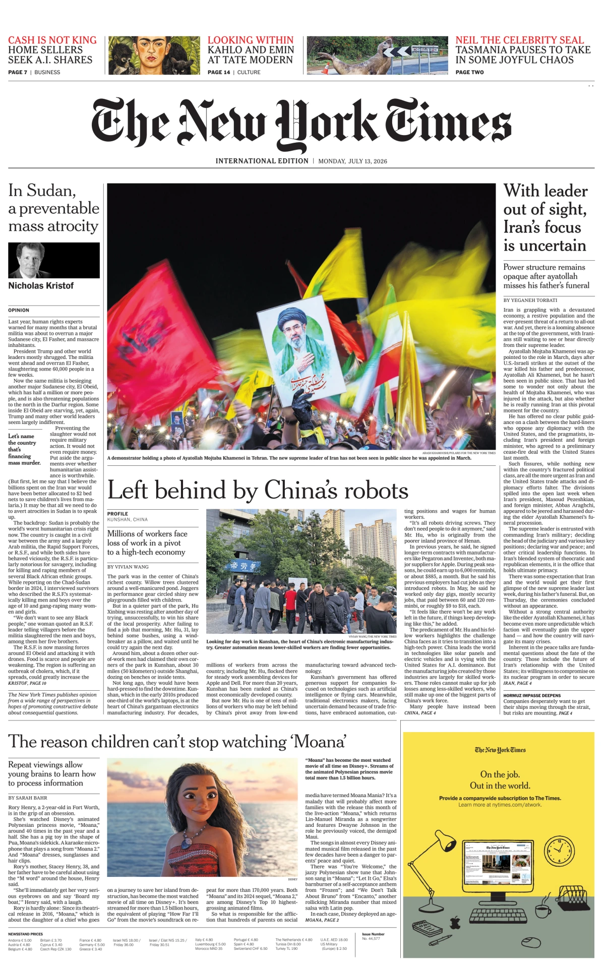 Portada de The New York Times (international) del lunes, 13 de julio de 2026