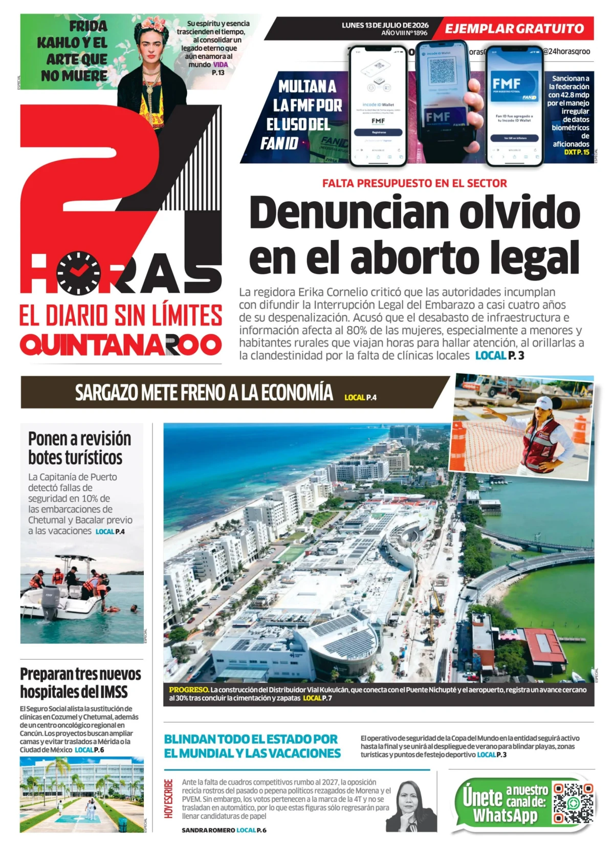 Portada de 24 Horas Quintana Roo del lunes, 13 de julio de 2026