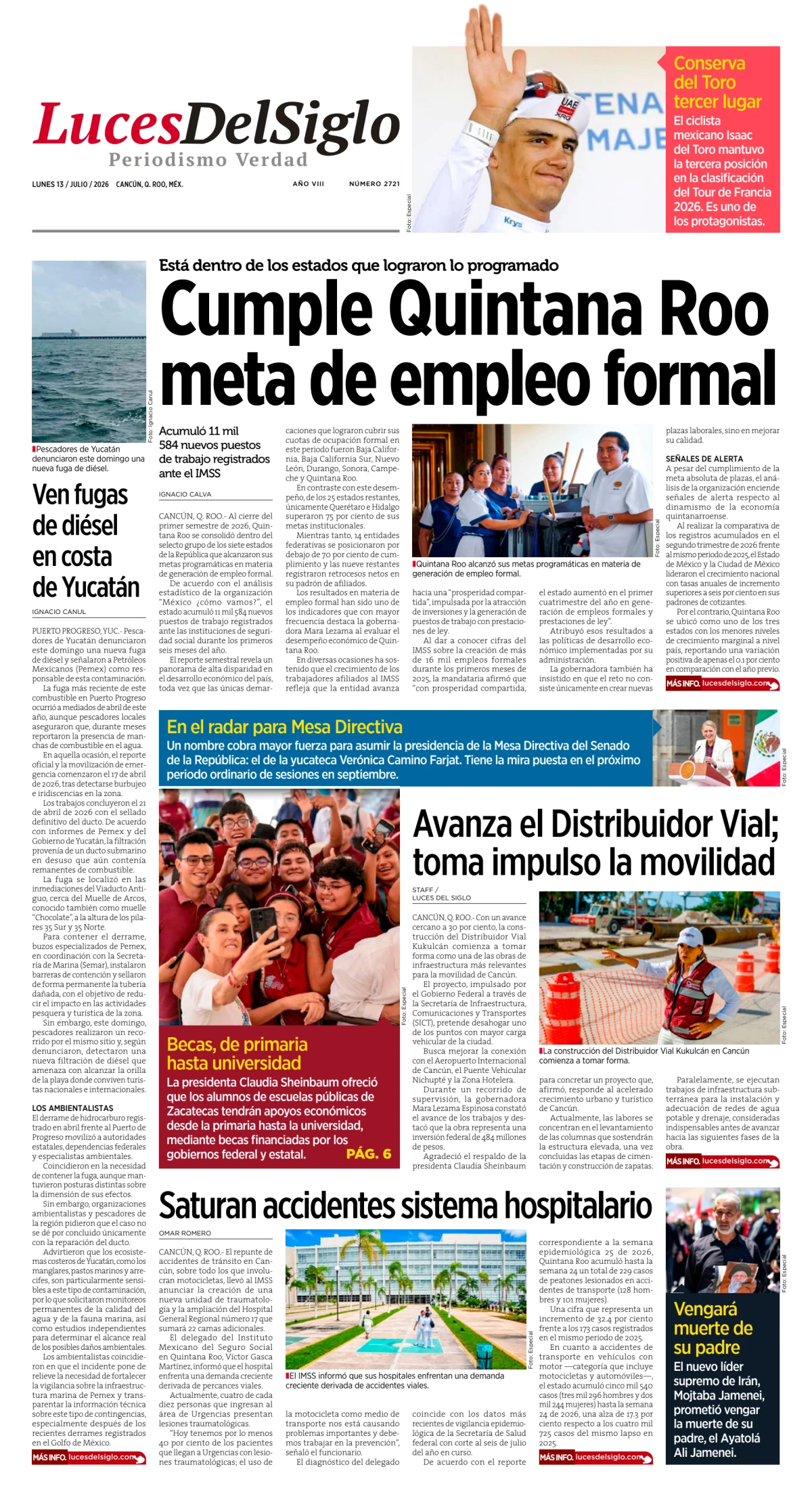 Portada de Luces del Siglo del lunes, 13 de julio de 2026