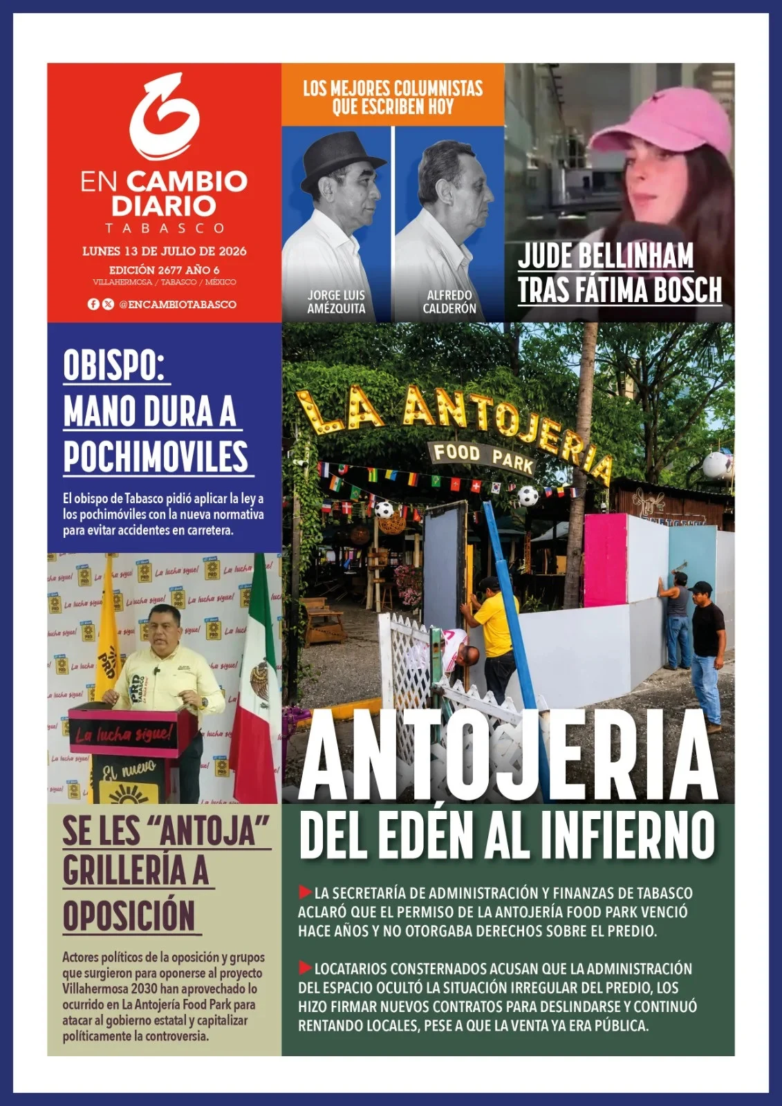 Portada de En Cambio - Tabasco (portada) del lunes, 13 de julio de 2026
