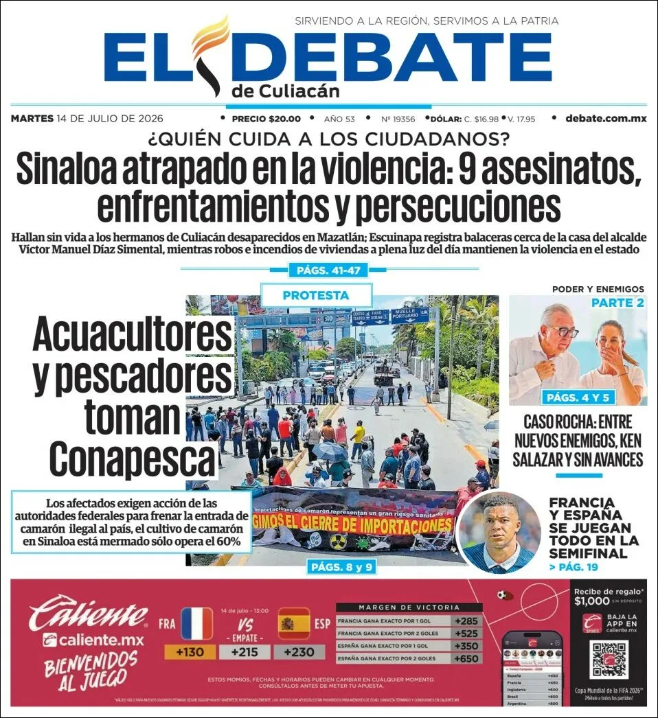 Portada de El Debate de Culiacan del martes, 14 de julio de 2026