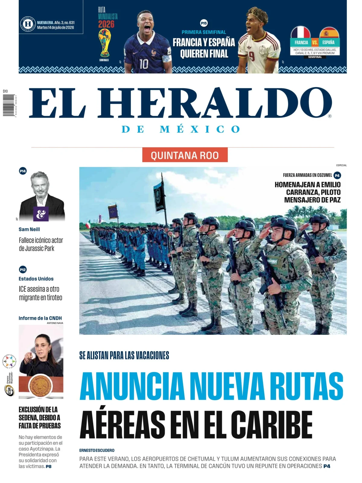 Portada de El Heraldo de Mexico - Quintana Roo del martes, 14 de julio de 2026
