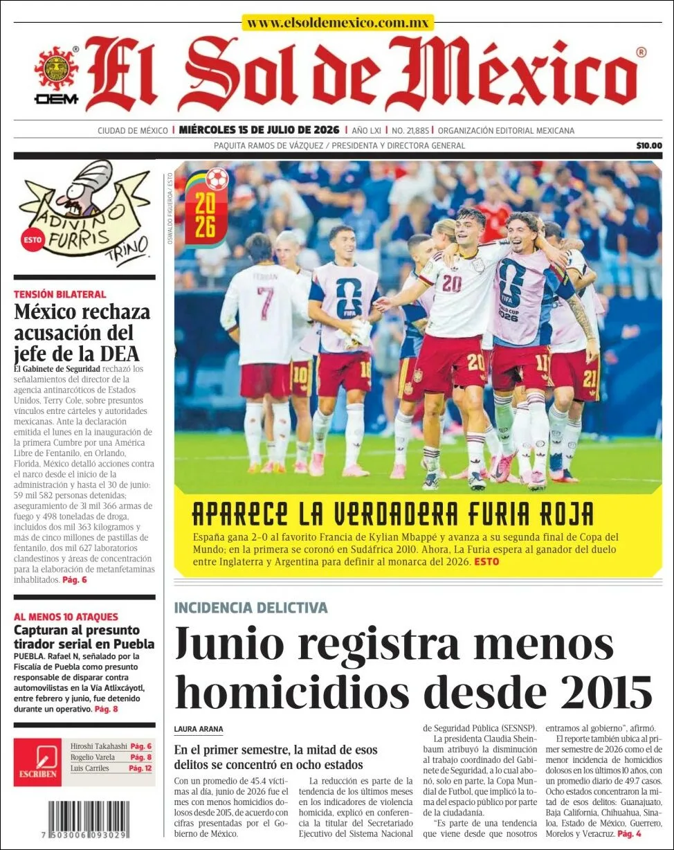 Portada de El Sol de Mexico del miércoles, 15 de julio de 2026