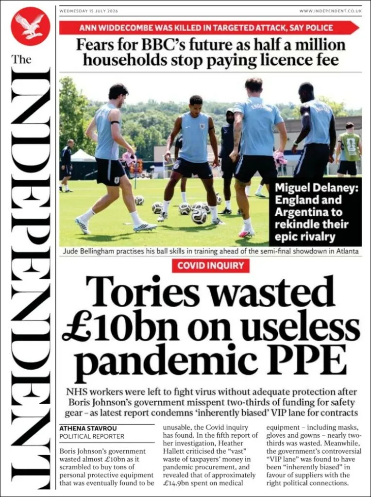 Portada de The Independent del miércoles, 15 de julio de 2026