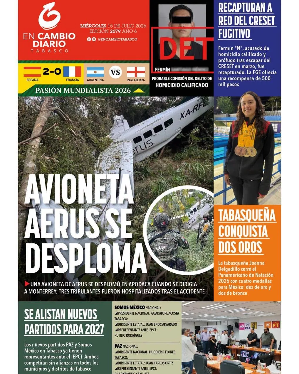 Portada de En Cambio - Tabasco (contraportada) del miércoles, 15 de julio de 2026