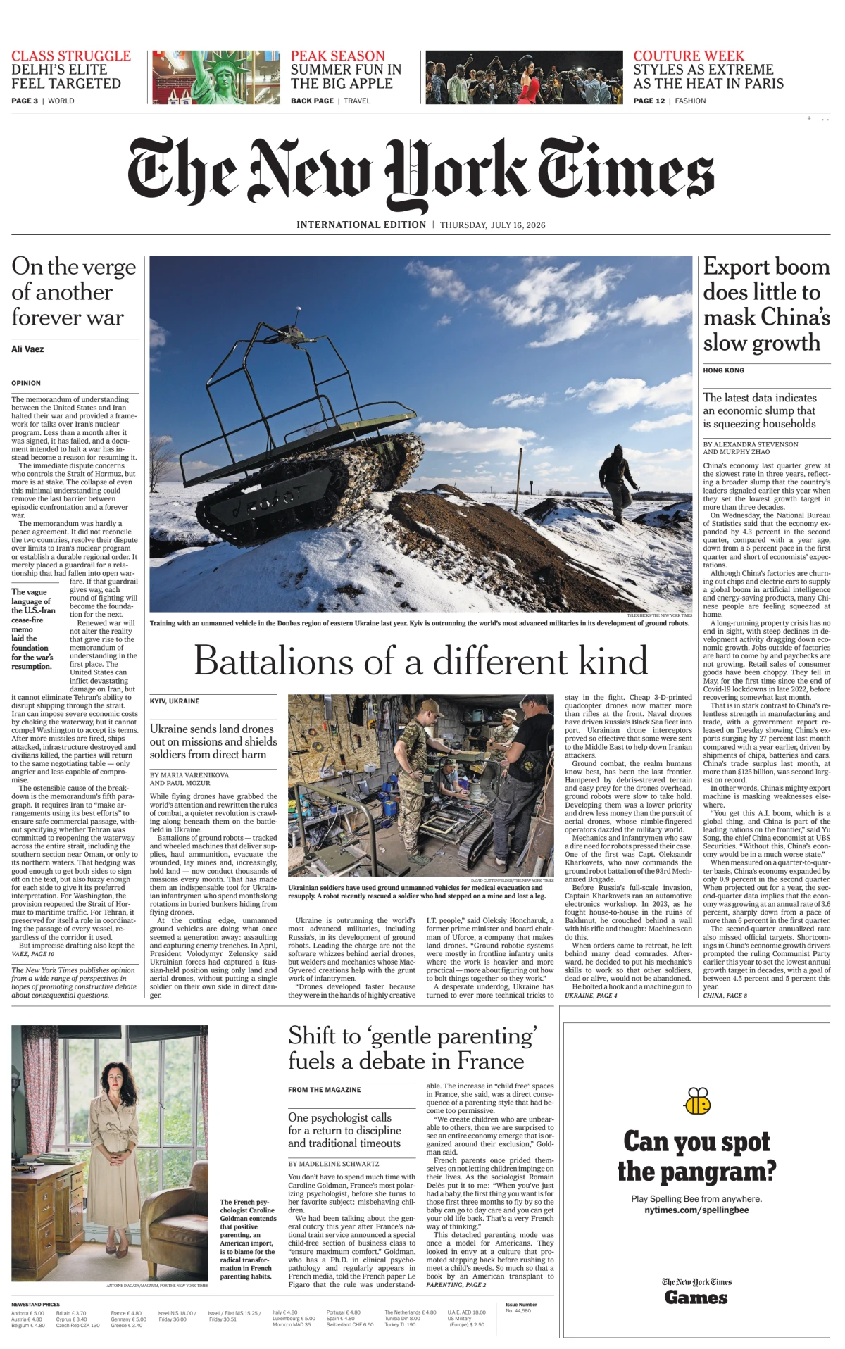 Portada de The New York Times (international) del jueves, 16 de julio de 2026