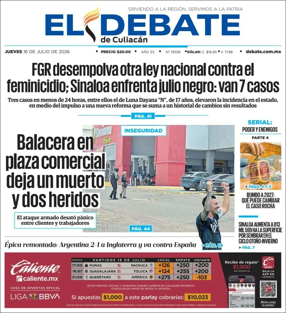 Portada de El Debate de Culiacan del jueves, 16 de julio de 2026