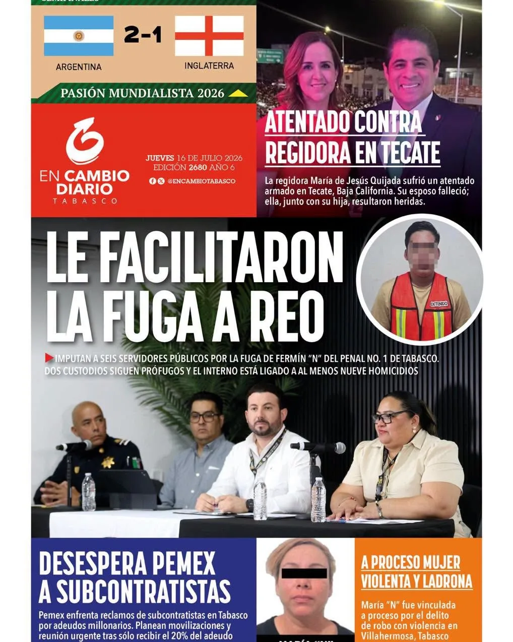 Portada de En Cambio - Tabasco (portada) del jueves, 16 de julio de 2026
