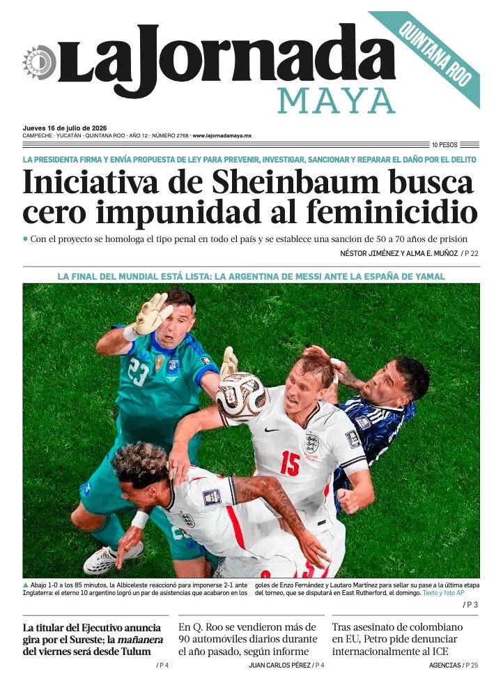 Portada de La Jornada Maya Quintana Roo del jueves, 16 de julio de 2026